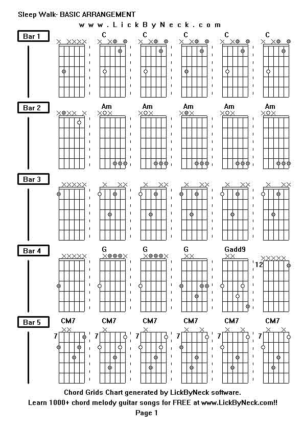 Chord Grids Chart of chord melody fingerstyle guitar song-Sleep Walk- BASIC ARRANGEMENT,generated by LickByNeck software.